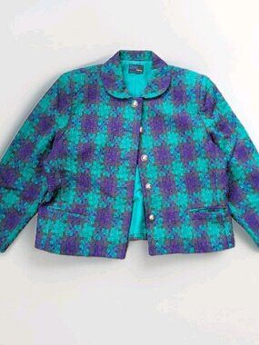 Vintage 1980s Mod-Inspired Jacket Green Purple Geometric Woven Petites 16